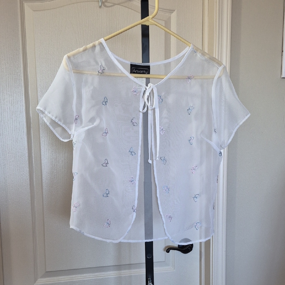 Vintage 90s Sheer White Embroidered Tie-Front Crop Blouse / Shrug Size M